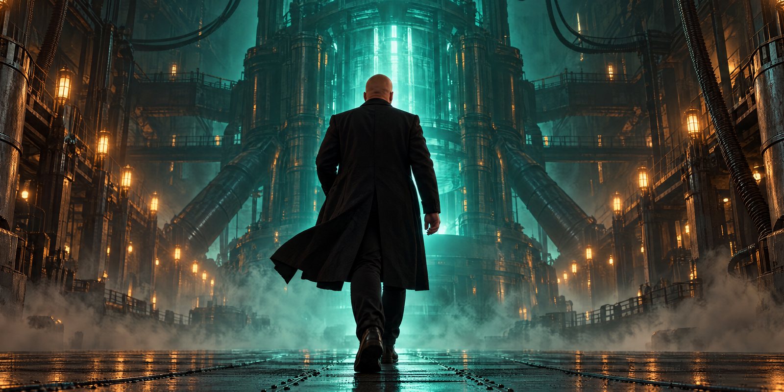 Carlos G seen from behind in a long dark coat, walking down a vast machine hall toward a glowing teal core.