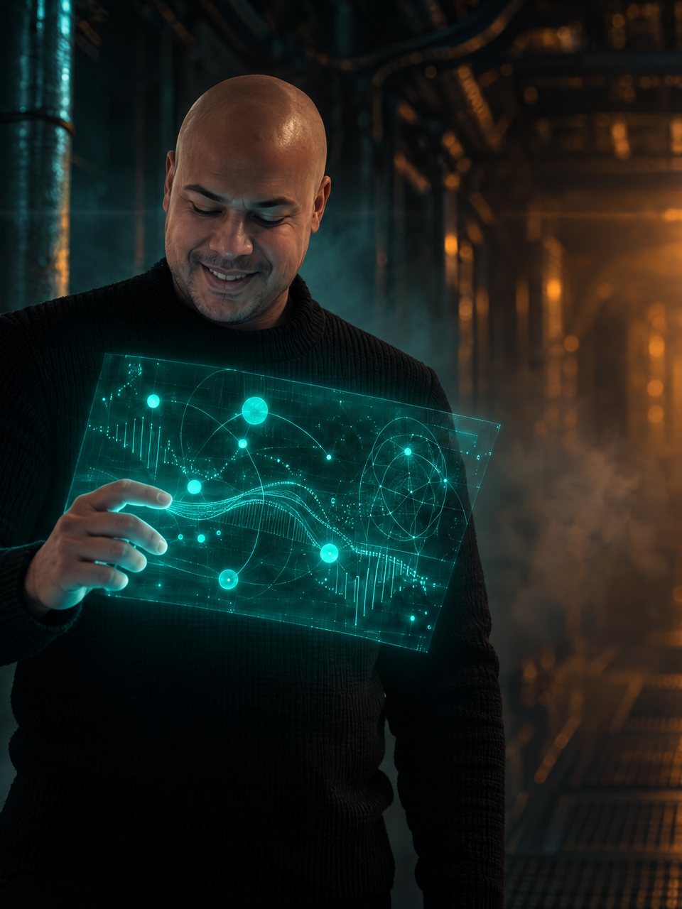 Carlos G in a black sweater in a narrow machine corridor, smiling down at a glowing teal panel he holds, a warm lamp far down the corridor.