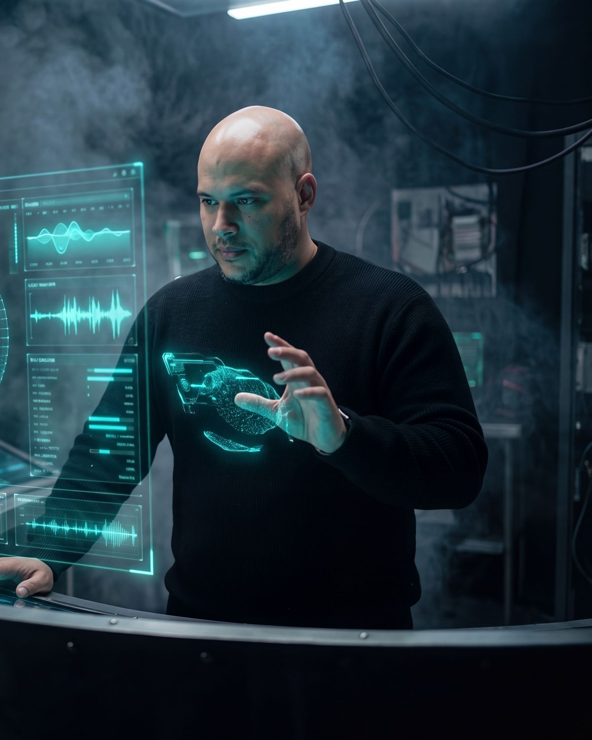 Carlos G at a lit holographic console in a dark server room.