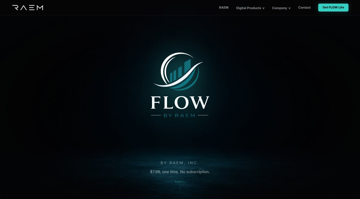 Screenshot of the live Flow by RAEM page on raem.ai, showing the Flow logo and the line $7.99, one time. No subscription.